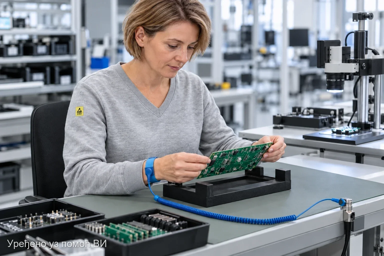 Запослена на ESD радном месту у сивом ESD дуксу са V-изрезом, са плавом ESD наруквицом и спиралним каблом при испитивању штампане плоче (илустрација генерисана помоћу ВИ)