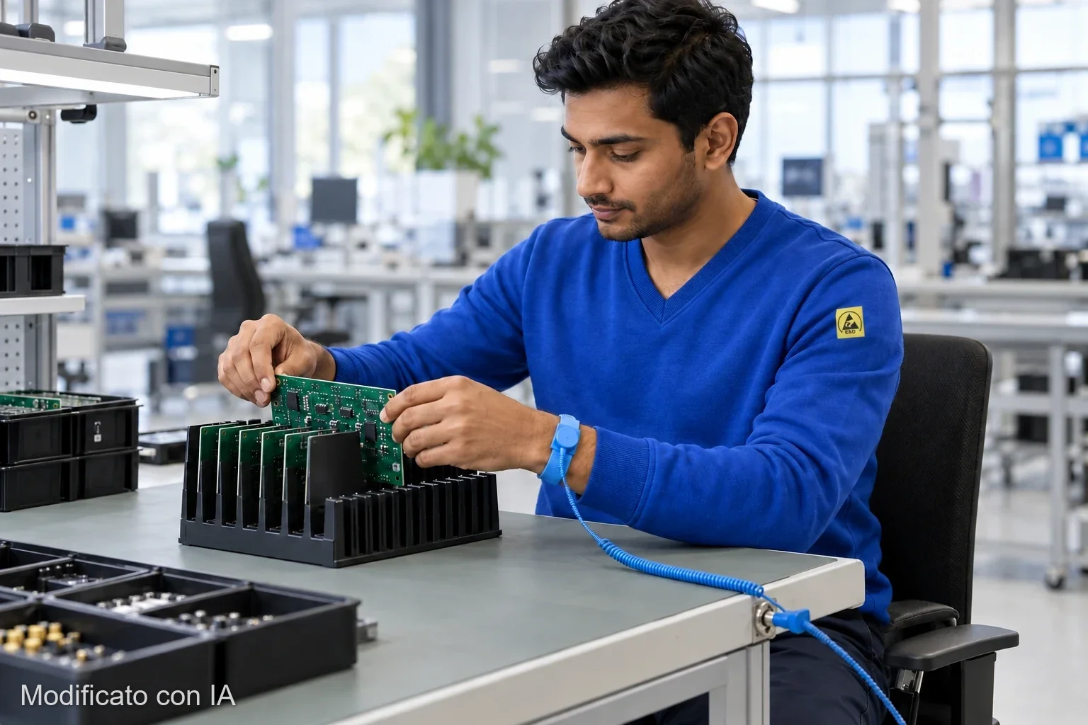 Collaboratore al posto di lavoro ESD in una felpa ESD blu royal con scollo a V, con braccialetto ESD blu e cavo a spirale, mentre inserisce una scheda elettronica (illustrazione generata con IA)