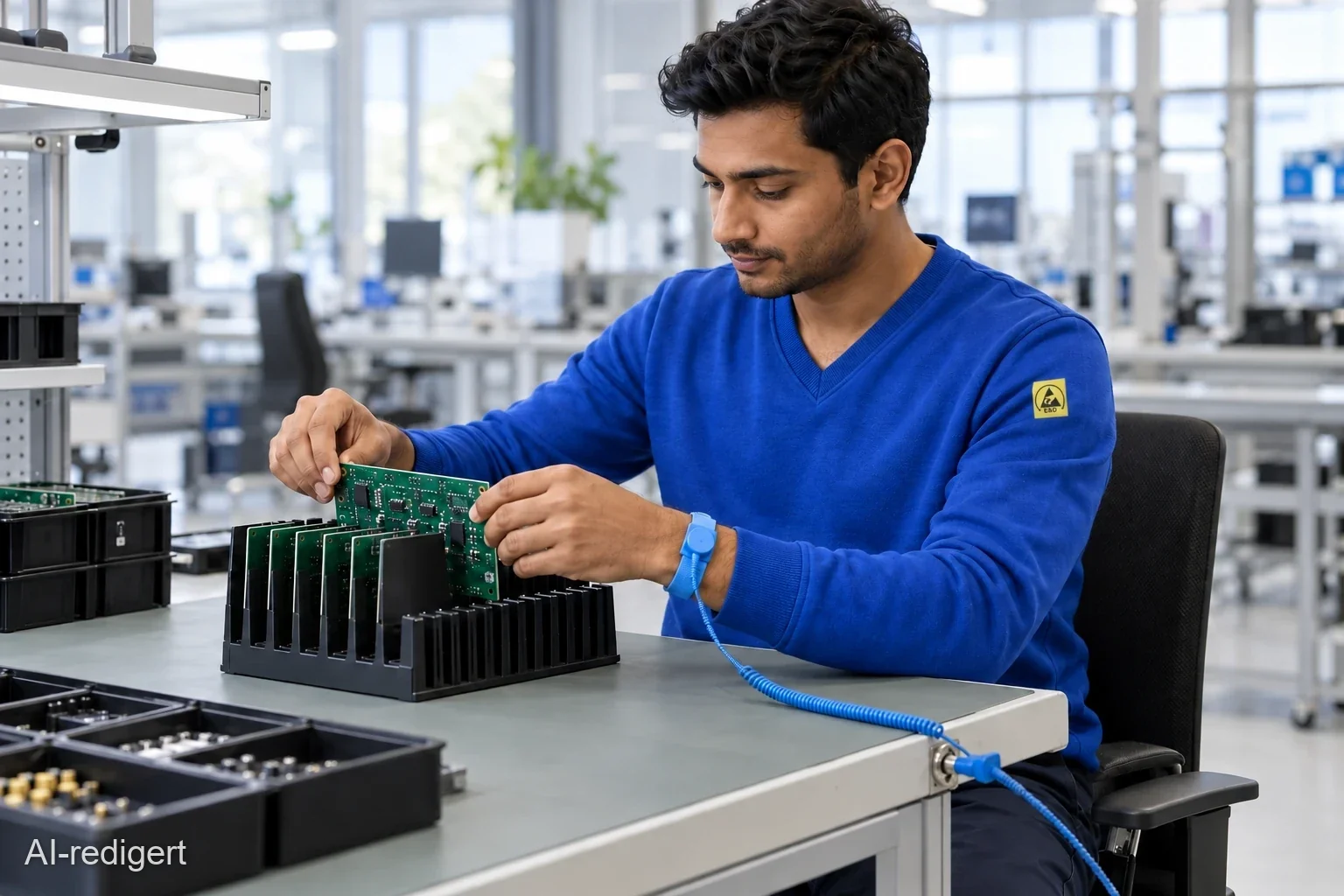 Medarbeider ved ESD-arbeidsplassen i en kongeblå ESD-sweatshirt med V-hals, med blått ESD-armbånd og spiralkabel ved innsetting av et kretskort (AI-generert illustrasjon)