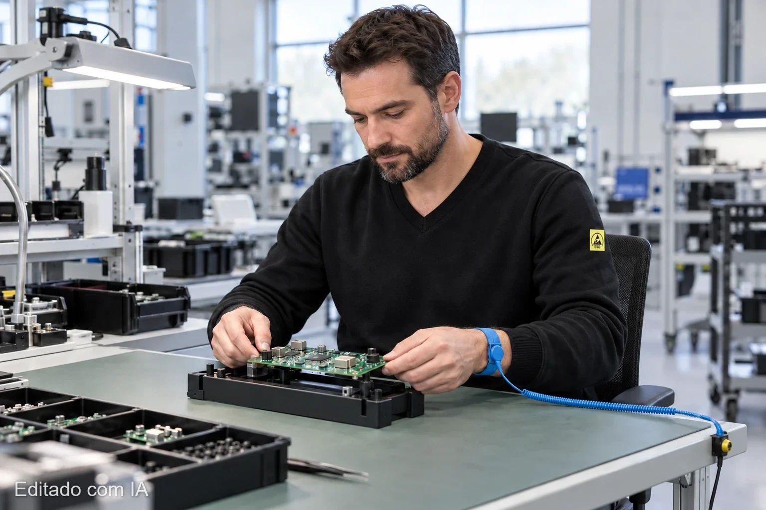 Colaborador no posto de trabalho ESD com moletom ESD preto com gola V e pulseira ESD azul, montando uma placa de circuito impresso (ilustração gerada por IA)