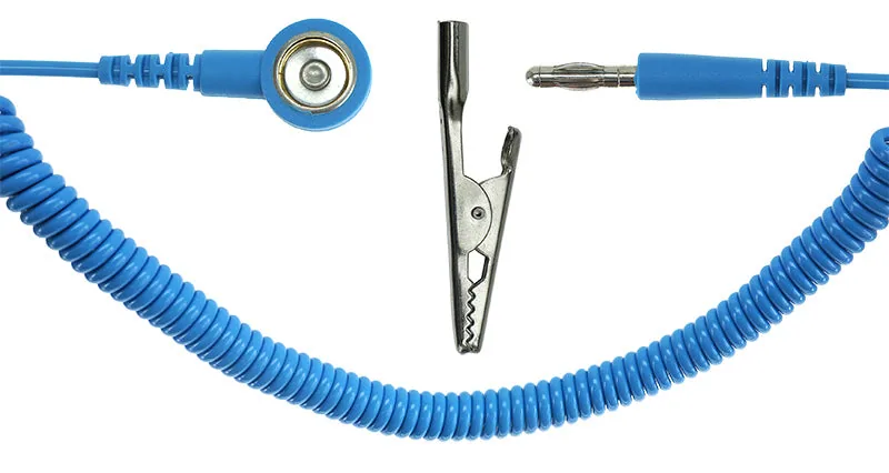 ESD-spirálkábel 1 MOhm, 10/10 mm, banándugó/krokodilcsipesz, 2,4 m, kék