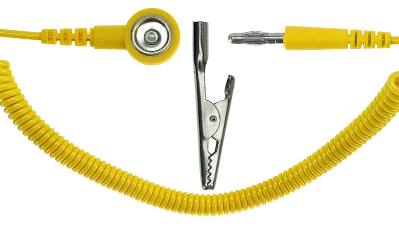 ESD-spirálkábel 1 MOhm, 10/10 mm, banándugó/krokodilcsipesz, 2,4 m, sárga