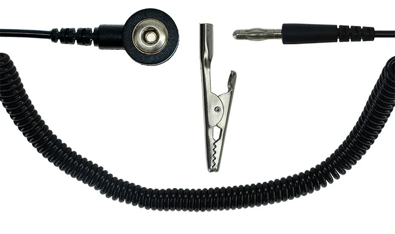 ESD-spirálkábel 1 MOhm, 3 mm patent/banándugó/krokodilcsipesz, 2,4 m, fekete