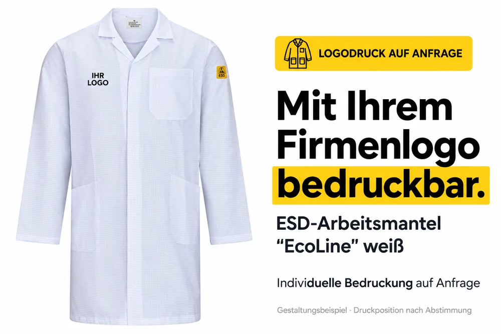 ESD-arbeidsfrakk «EcoLine» hvit med eksempeltrykk «LOGOEN DIN» – kan trykkes individuelt med firmalogo.
