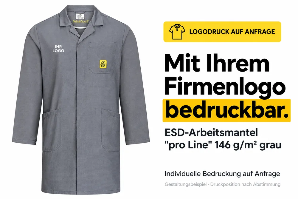 Bata ESD “pro Line” 146 g/m² gris con marcaje de ejemplo «SU LOGOTIPO»: se puede marcar individualmente con el logotipo de la empresa.