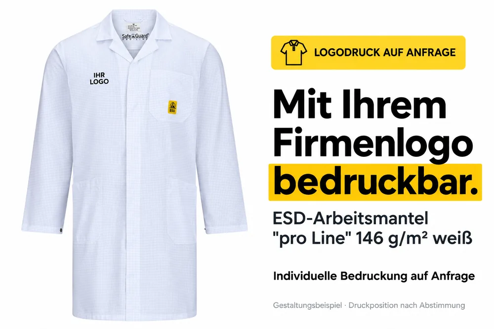 Bata ESD “pro Line” 146 g/m² blanco con marcaje de ejemplo «SU LOGOTIPO»: se puede marcar individualmente con el logotipo de la empresa.