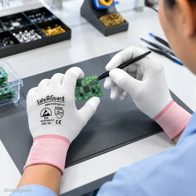 ESD-handsker | med belagte fingerspidser (hvid), anvendelsesbillede ved montagen (AI-genereret illustration)