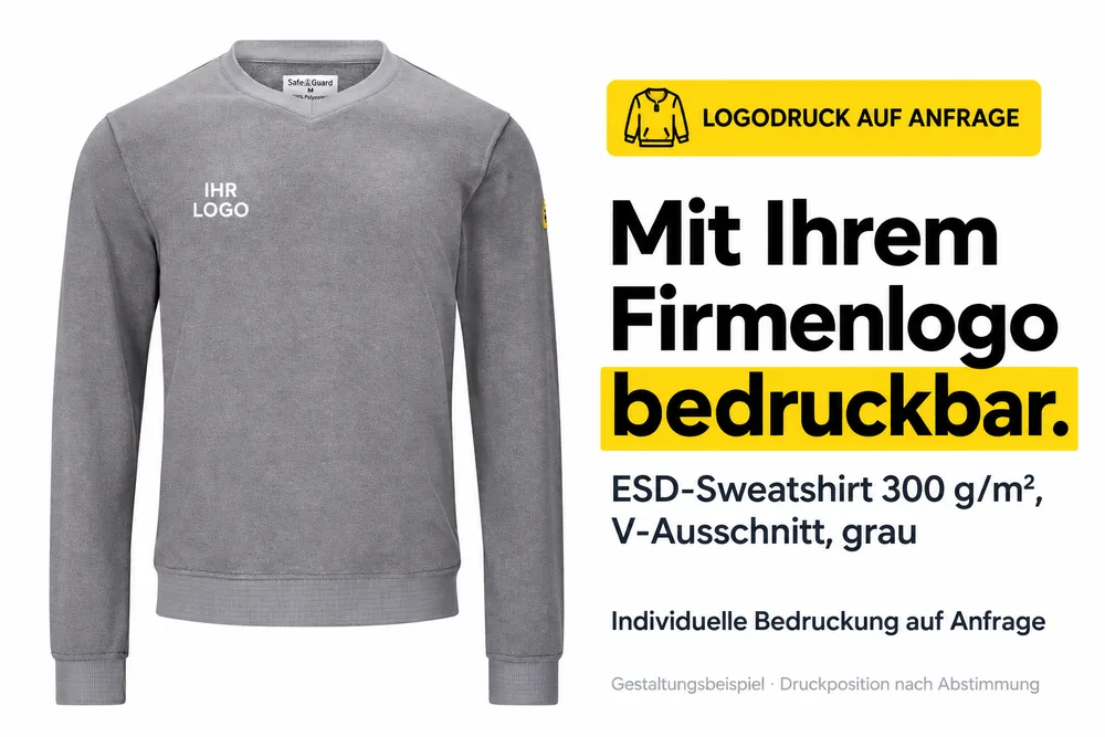 Felpa ESD 300 g/m², scollo a V, grigio con stampa di esempio “IL SUO LOGO” – stampabile in modo personalizzato con il logo aziendale.