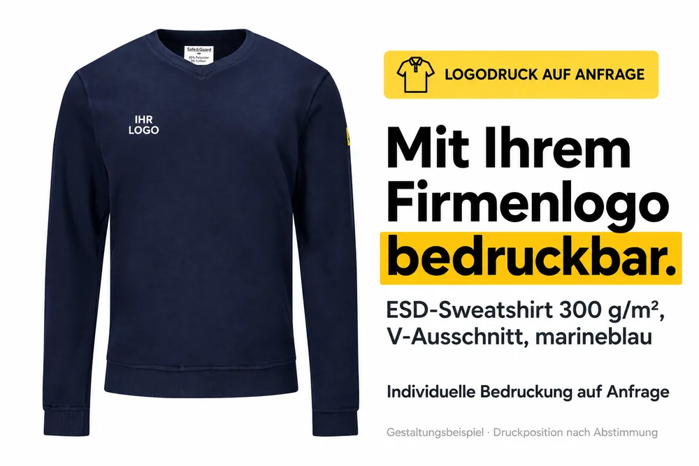 Sweatshirt ESD 300 g/m², decote em V, azul-marinho com marcação de exemplo «O SEU LOGÓTIPO» – pode ser marcado individualmente com o logótipo da empresa.